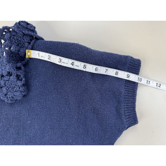 VTG Crochet Collar Short Sleeve Sweater Womens M Navy Blue Preppy GrannyCore - Picture 7 of 14